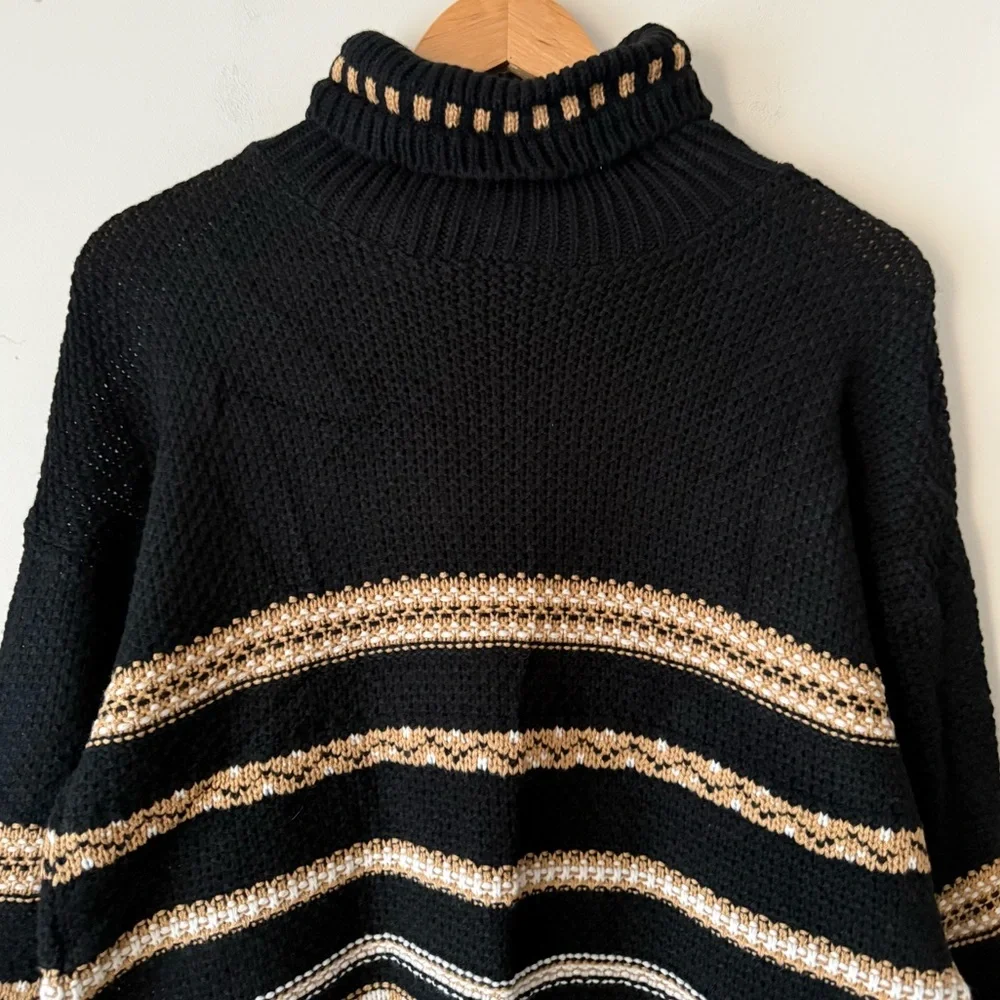 Vintage 90s Y2K Black Tan Striped Turtleneck Sweater Made in the USA Size Large